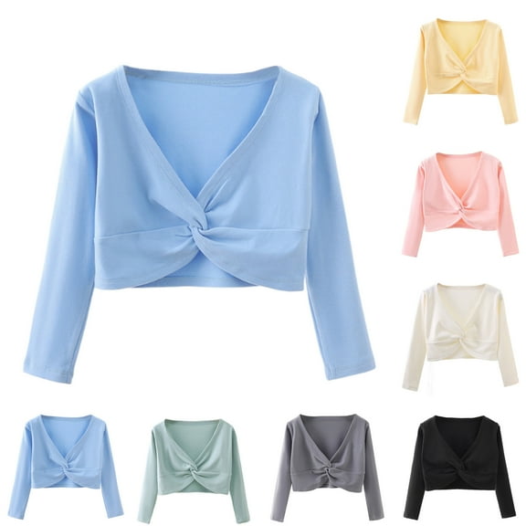 Fancifize Kids Girls V Neck Shirt Long Sleeve Cropped Top Casual Outdoor Athletic Yoga Shirts Fall School Outfits 3-15 Years