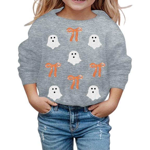 Bobifish Girls Crew Neck Sweatshirts Ghost Bow Sequin Graphic Long Sleeve Party Pullover Tops