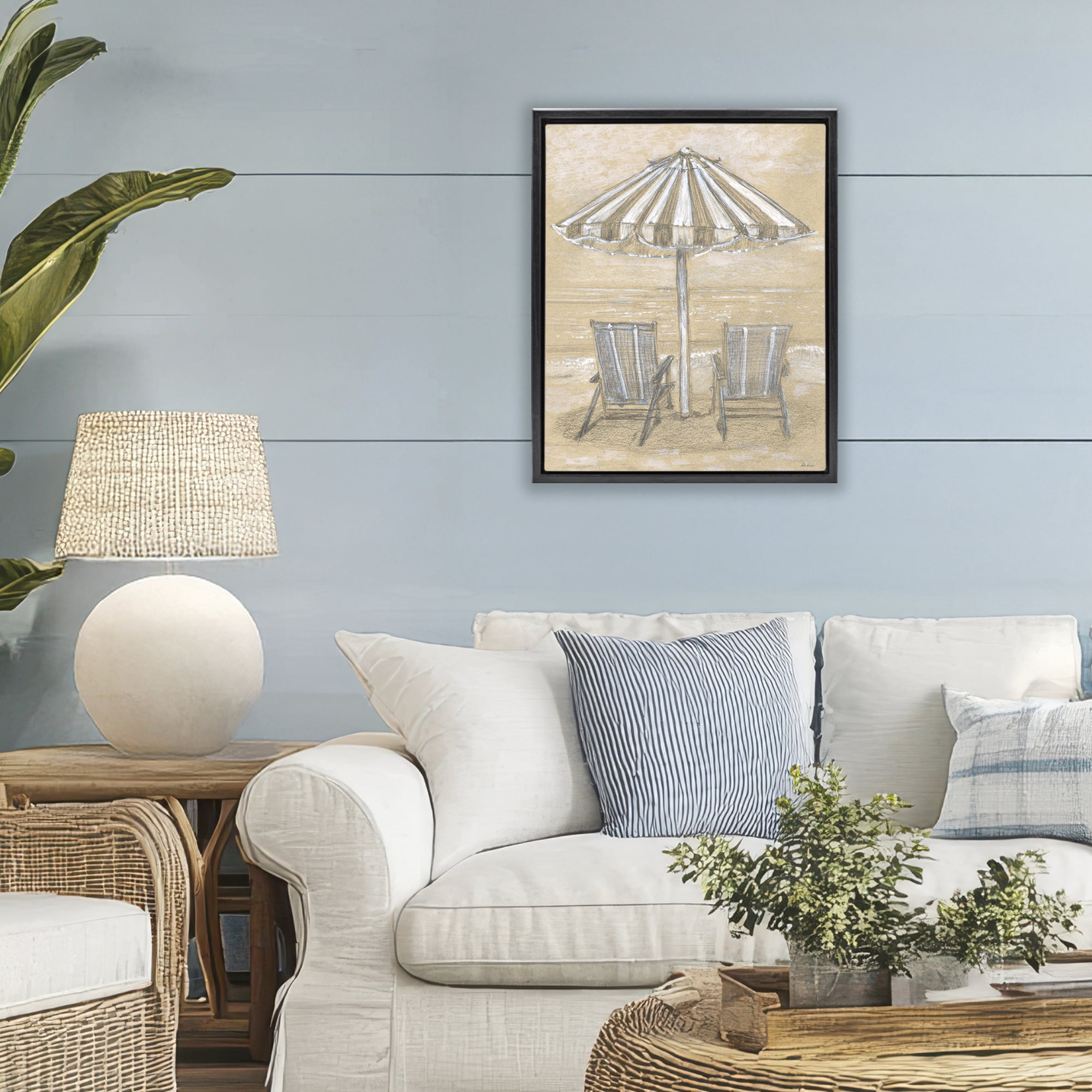 Stupell Industries Umbrella & Chairs Drawing Black Framed Floater Canvas Wall Art, design by Patti Bishop