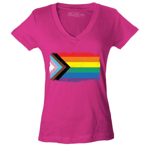 Shop4Ever Women's Progress Pride Flag Inclusive Rainbow Gay LGBTQ Slim Fit V-Neck T-Shirt XX-Large Pink