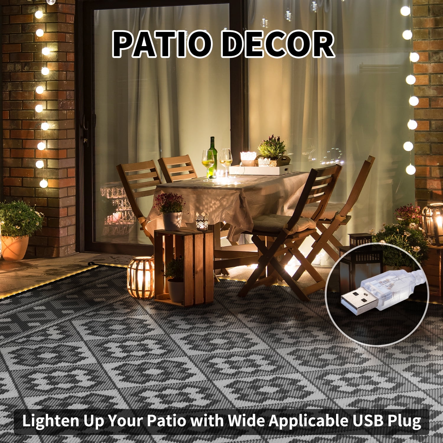 SIXHOME Outdoor Rug with LED Strip Light 9'x12' Waterproof Reversible Patio Rug Modern Lightweight Plastic Straw Indoor Outdoor Rug for RV Camping Deck Balcony Porch Boho Patio Decor Light Gray