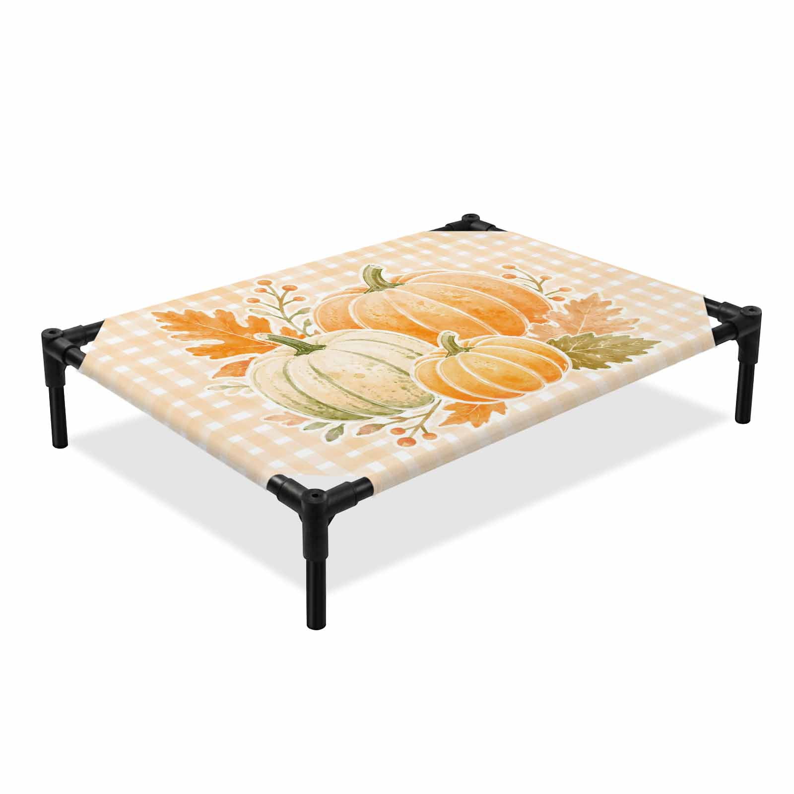 Thanksgiving Pumpkin Elevated Dog Bed Fall Orange Beige Pumpkins Oak Leaf Plaid Cooling Breathable Outdoor Raised Dog Cot Bed with Metal Frame Non-Slip Feet for Medium Dog 24x20in