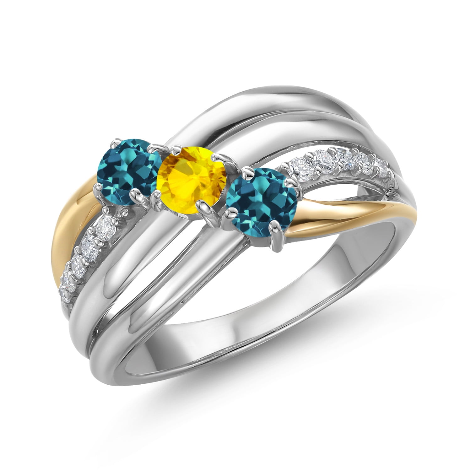 Gem Stone King 925 Silver and 10K Yellow Gold London Blue Topaz and Yellow Sapphire and Lab Grown Diamond Engagement Ring for Women | 1.17 Cttw | Round 4MM | November Birthstone | Size 5