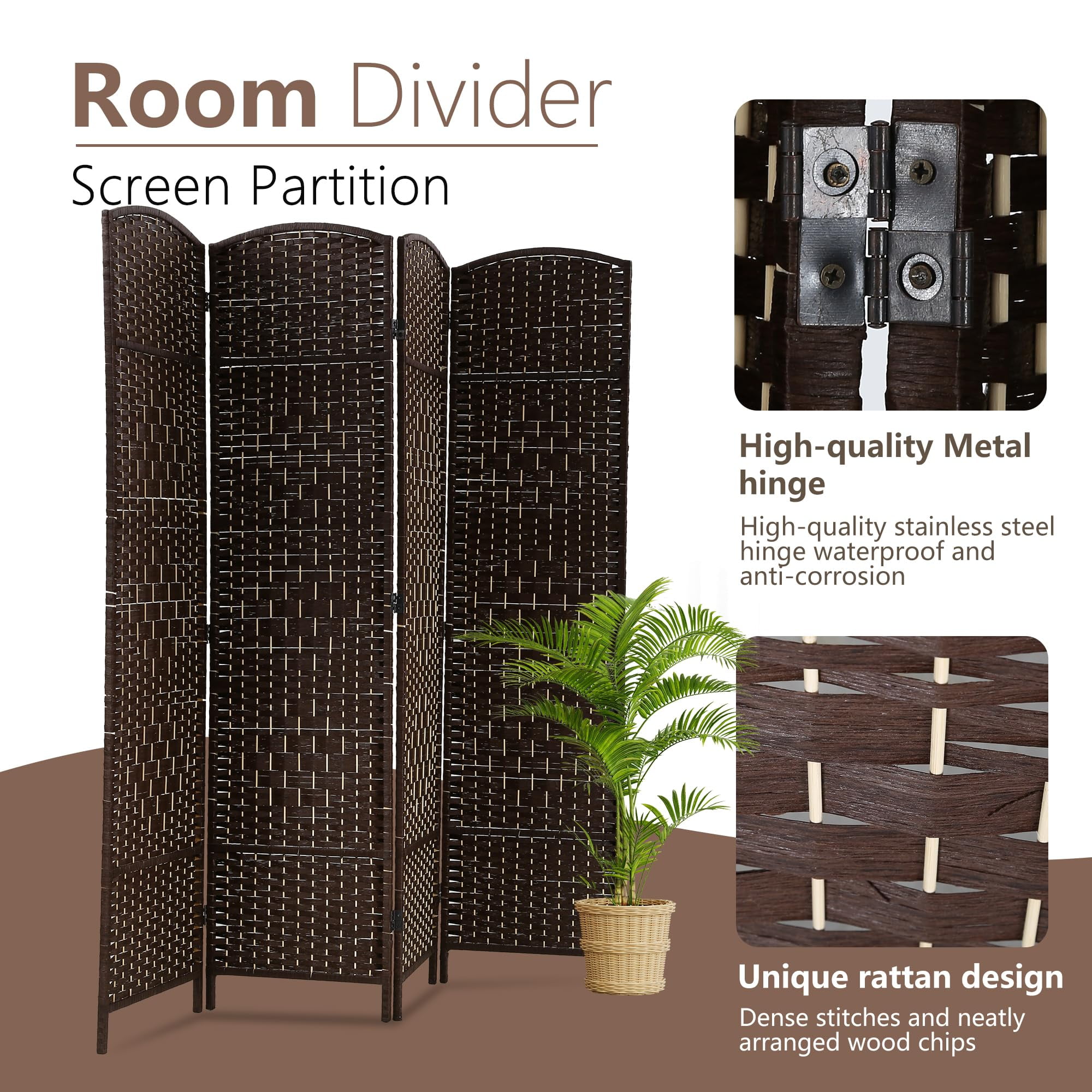 YRLLENSDAN 6ft Tall Room Divider Screen with 4 Panels, Wood Room Dividers and Folding Privacy Screens, Wall Divider for Livingroom, Brown