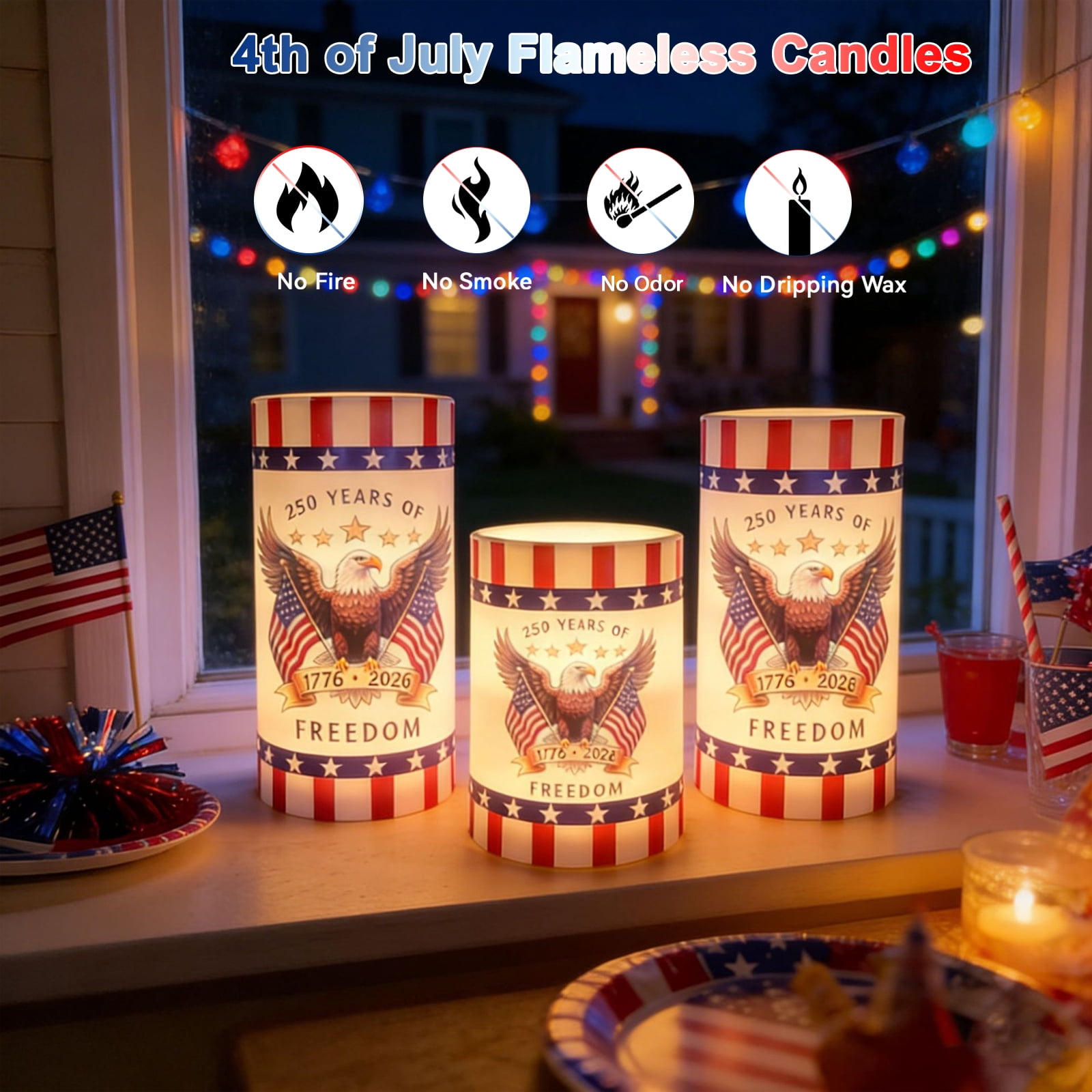 4th of July Flameless Candles, 12 Colors Changing Eagle Flag 250th Anniversary LED Candles with Remote & Timer, Flickering Patriotic Pillar Candles Battery Operated for Home Independence Day Decor