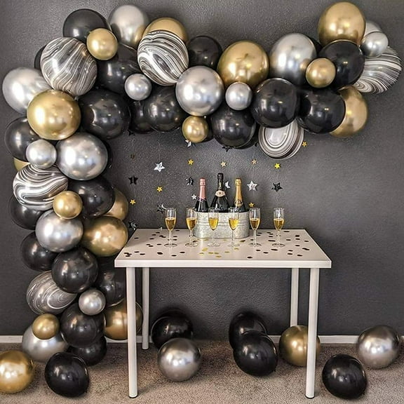 AOWEE Black Gold Party Decorations, Black Gold and Silver Balloon Garland Kit with Agate Balloons for New Year Graduation Wedding Men 40th 50th 60th Birthday