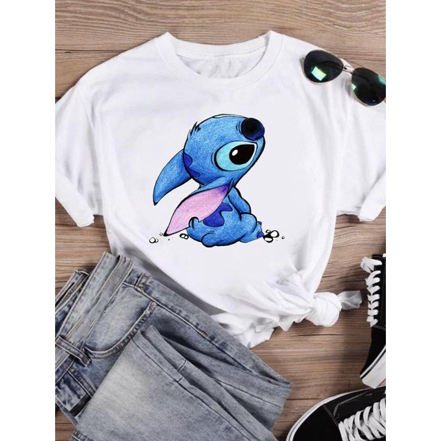 Disney Watercolor Lovely Style Short Sleeve Women Print Clothing Stitch Casual Tee Shirt Fashion Cartoon Graphic T-shirtsM Gao Jinjia LED