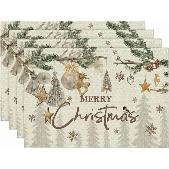 Pine Branch Ornament Merry Christmas Placemats Set of 4, 12x18 Inch Seasonal Winter Table Mats for Party Kitchen Dining Decoration
