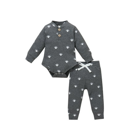 

TheFound Newborn Baby Boy Girl Outfits Ribbed Sunshine Long Sleeve Romper Bodysuit+Pants Unisex Fall Winter Clothes