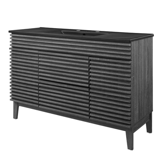 Single Sink Vanity Cabinet, Dark Grey Gray, Wood, Mid Century Hotel Bedroom Bathroom, Modern Contemporary HB33682