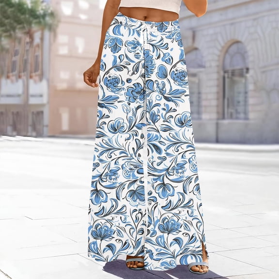 Haivin Women's Palazzo Pants with All-Over Print, Loose Fit and Elastic Waist with Drawstring, Comfortable for Daily Wear and Lounge