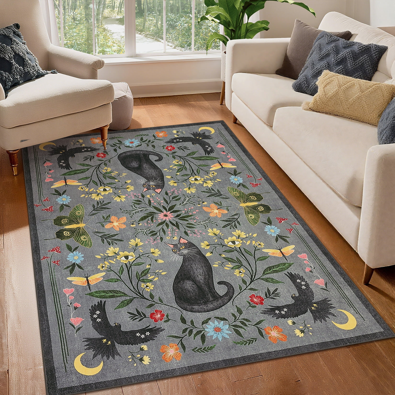 Garvee 5'x7' Boho Area Rug Cat Floral Pattern Carpet, Vintage Washable Rug Non-Slip Indoor Accent Carpet for Living Room Bedroom Home Office, Gray