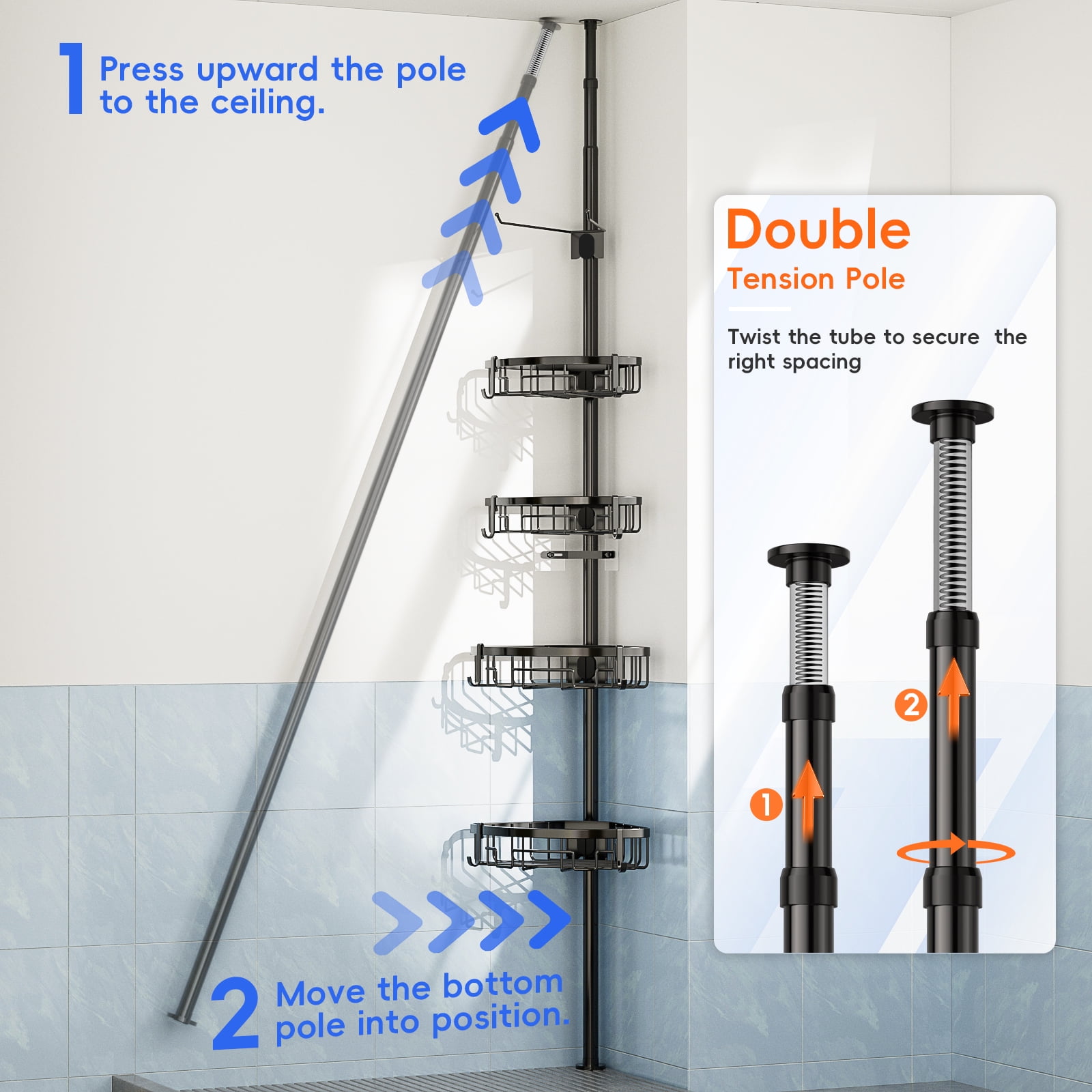 Auledio Corner Shower Caddy Tension Pole - 62-115INCH - 4-Tier Rustproof Bathroom Organizer Shelves, Adjustable Bathtub Tub Shampoo Storage