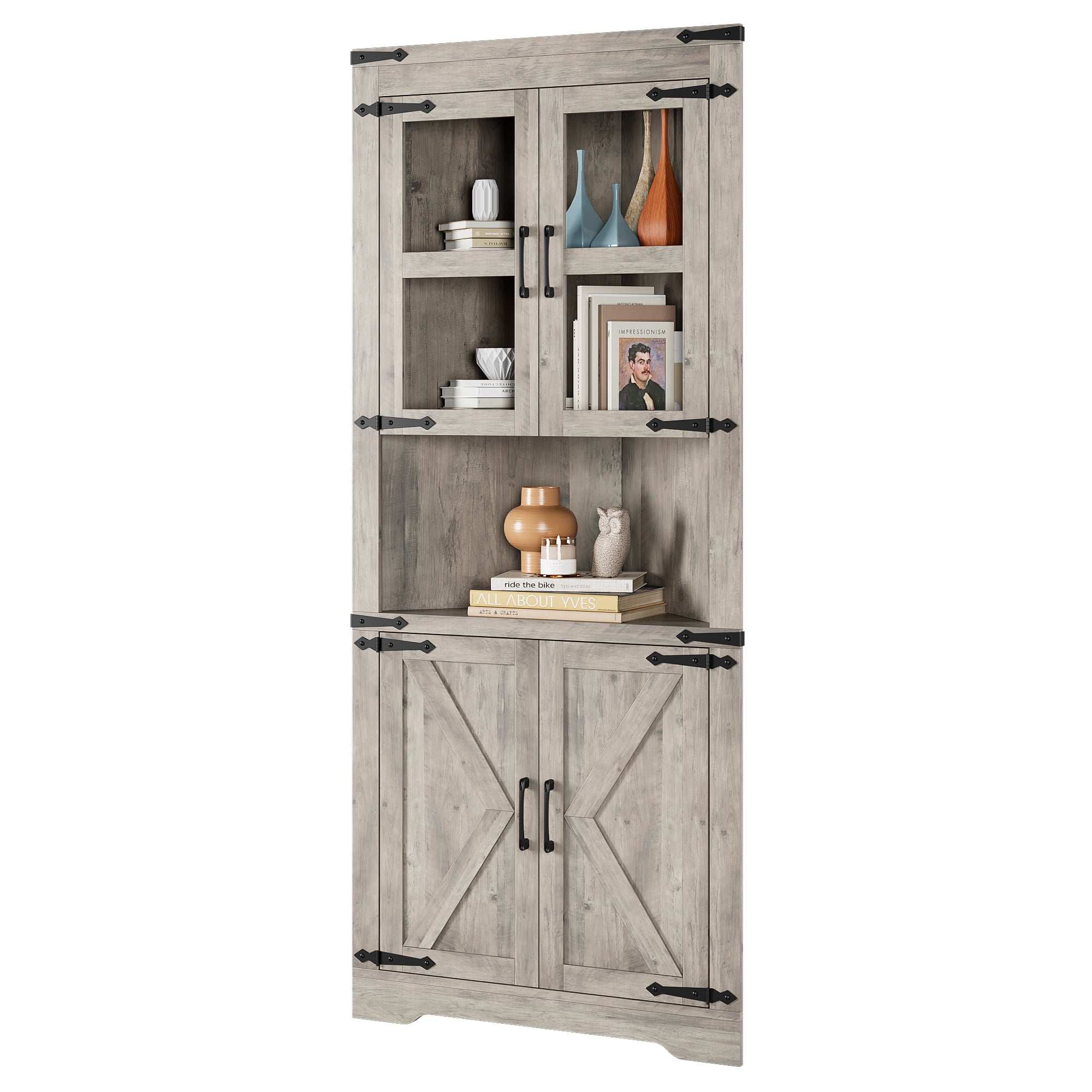 Farmhouse Style Corner Cabinet, 67"H Freestanding Tall Corner Storage Cabinet with Barn Door & Adjustable Shelves, Bathroom Cabinet with Storage for Living Room, Kitchen, Bathroom