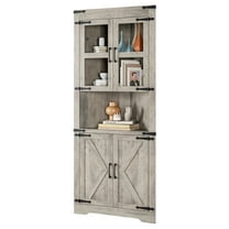 Geetinfly Farmhouse Corner Cabinet,Tall Corner Storage Cabinet with Glass Door & Adjustable Shelves,Bathroom Cabinet with Storage,Washed Grey