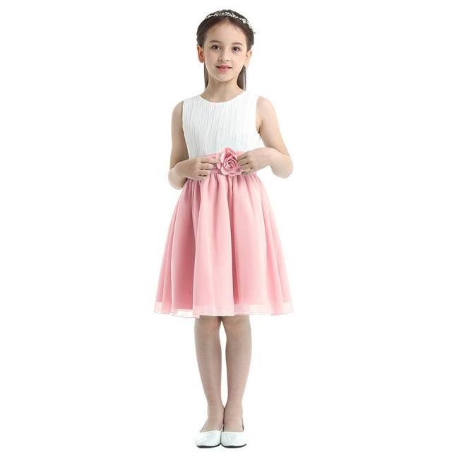 Kvysinly Robe Princesse Sans Manches à Fleurs 3D pour Filles Enfants, Chiffon, Robe de Bal de Mariage, Robes de Demoiselle d'Honneur, Blanc&Rose 12