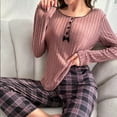 thumbnail image 4 of Fall/Winter Buttoned Bowknot Long-Sleeved Plaid Pants Home Set for Women, 4 of 5