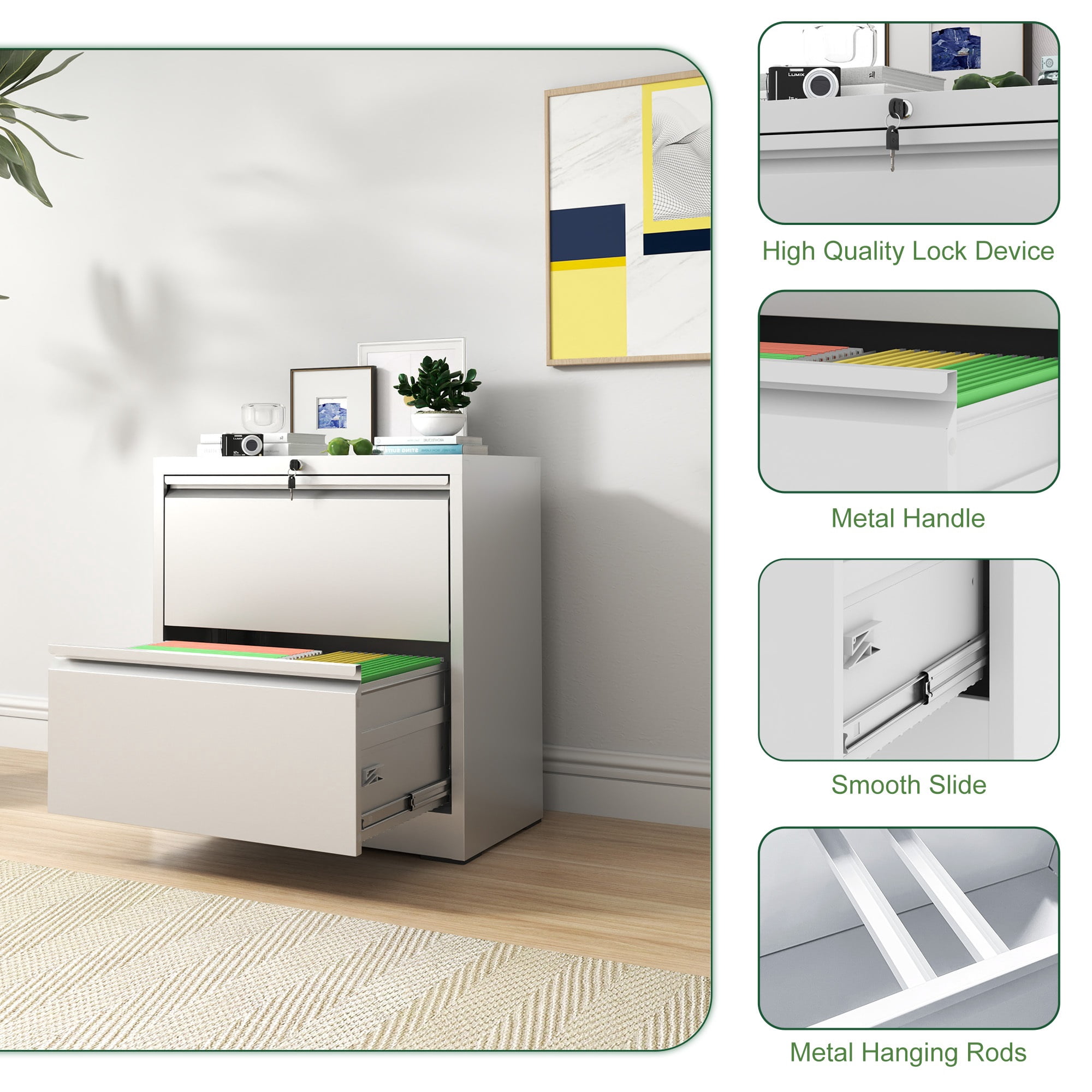 2 Drawer Lateral File Cabinet with Lock, Metal Lateral Filing Cabinet for Home Office, Steel Wide Horizontal Filing Cabinets for Letter/Legal/A4/F4 Hanging Files (White)