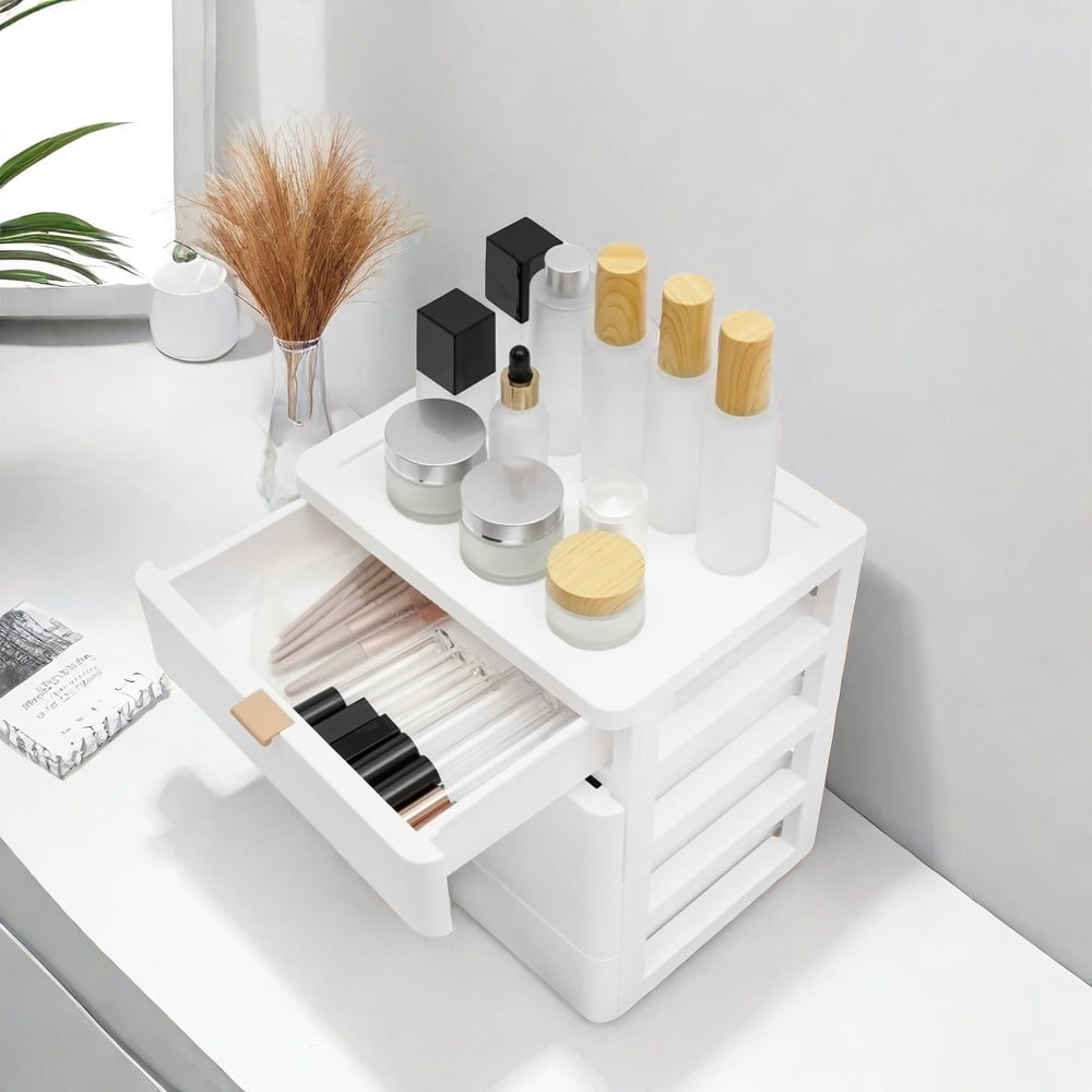 MIDOQIN Desk Organizer with 4 Drawer, Wood Desktop Storage Box, Stackable Storage Drawers for Storing Various Office Supplies