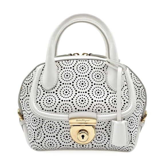 Pre-Owned Salvatore Ferragamo Fiamma Perforated Leather Mini Handbag, White, Women's