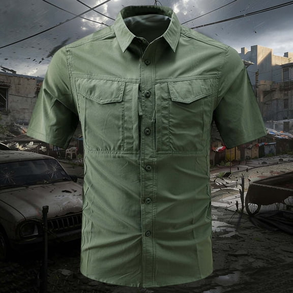 Ceisia Men's Short Sleeve Tactical Cargo Shirt Solid Color Quick Dry Button Down Collared Outdoor Breathable Zipper Multiple Pockets Loose Fit Ice Cotton Top Gifts for Father Green M