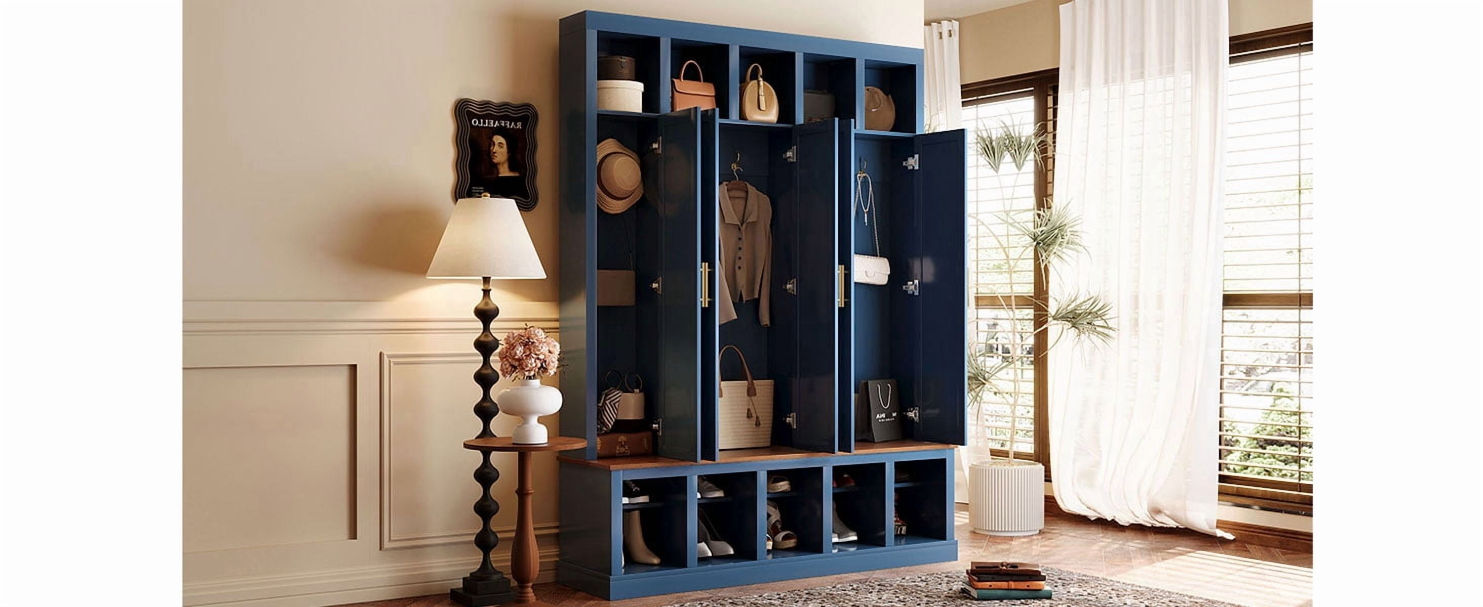 Mintazer 76” Tall Farmhouse Hall Tree with Shoe Rack Bench & Display Cubbies, Storage Cabinet with 3 Doors Closet for Entryway, Living Room, Bedroom, Navy Blue
