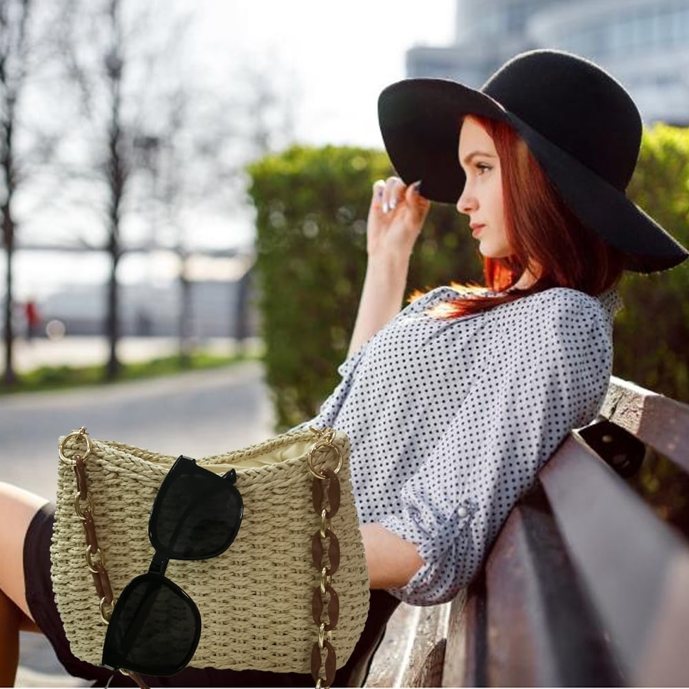 Small Handmade Straw Pocketbook Crossbody Bag for Women, Summer Chic Woven Handbag Shoulder Purse with Chain