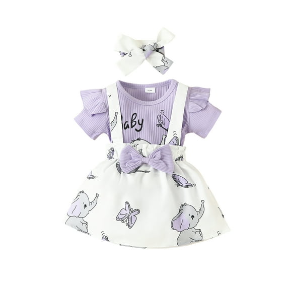 Springcmy Infant Newborn Baby Girl Elephant Outfits Headband Romper Suspender Bib Skirt 3Pcs Clothing Sets Light Brown 0-3 Months