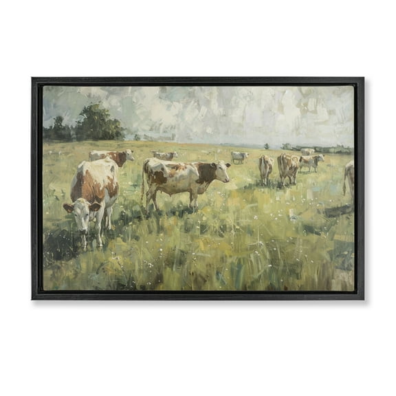 Stupell Industries Roaming Cows in Grasslands Landscape & Nature Painting Black Floater Framed Canvas Art Print Wall Art, 25 x 17