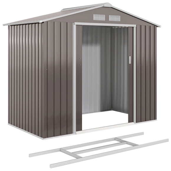 7' x 4' Metal Storage Shed - Galvanized Steel Outdoor Tool House w/ Foundation Kit & Double Doors - Light Brown Patio Storage