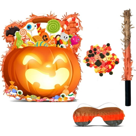 4 Pcs Halloween Pumpkin Piñata Set, 14.5" x 14.5" Perfect for Halloween Party Decorations Activity Supplies, Trick-or-Treating Party Kit with Stick Blindfold for Day of the Dead Spooky Celebrations