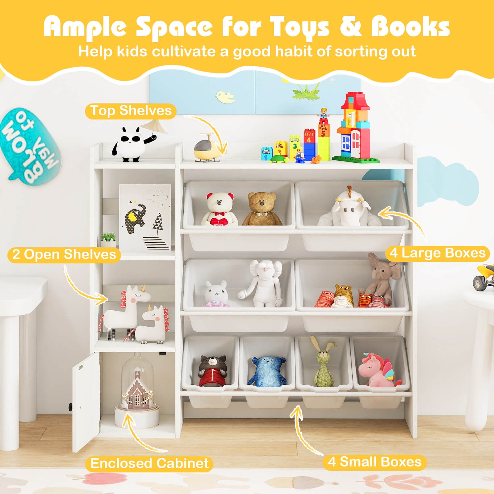 Costway Kids Toy Storage and Bookshelf, Wooden Bookcase with 4 Small Boxes & 4 Large Boxes