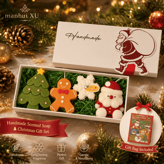 4 Piece Christmas Scented Candle Gift Set with Gift Box & Bag, Tree, Gingerbread, Snowflake, Santa