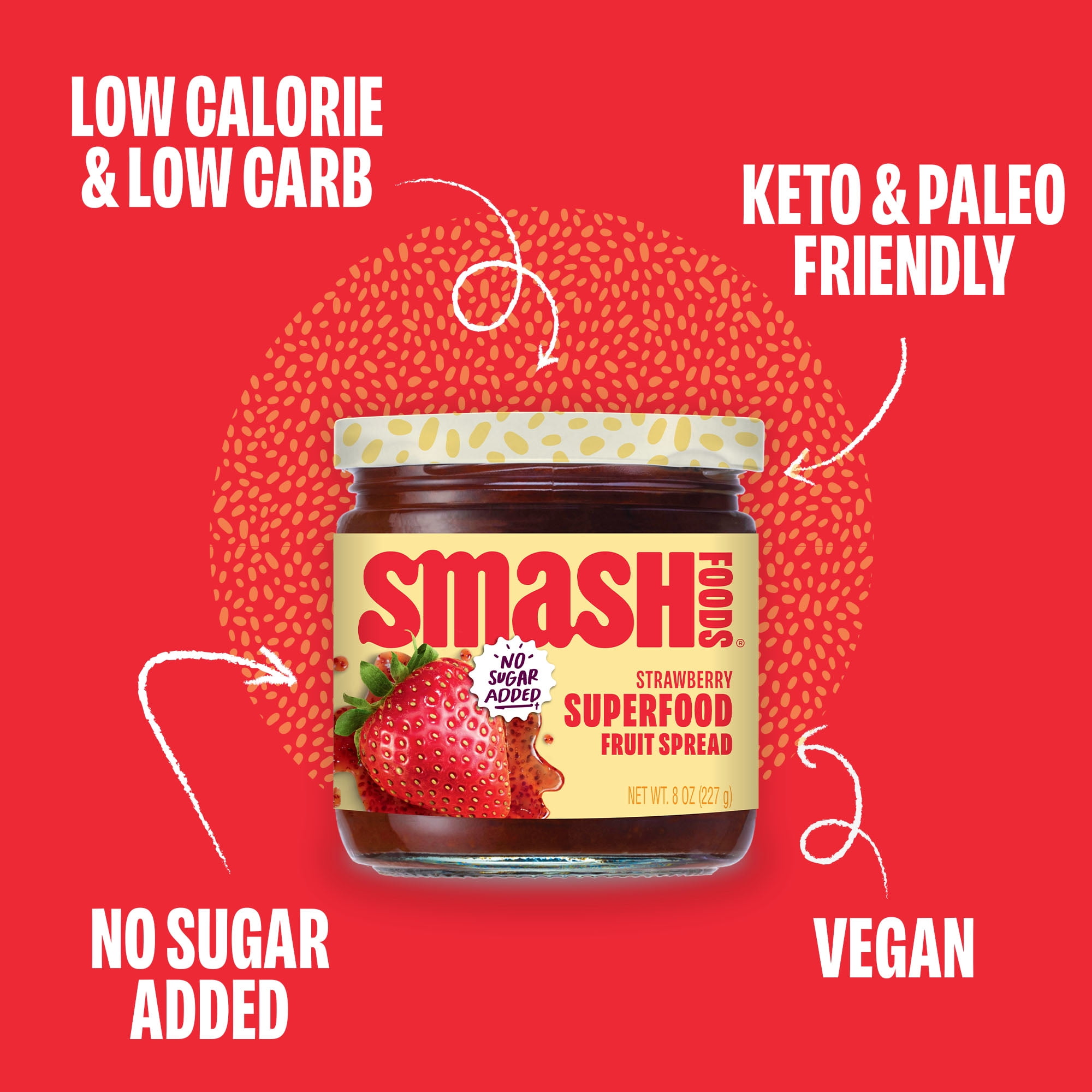 (3 pack) Smash Foods, Strawberry Jam, No Sugar Added, Low-Calorie, Vegan (1 Jar)