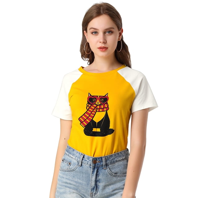Camiseta Estampado de Gato Allegra K Manga Corta Informal Para Mujer Rojo Amarillo L