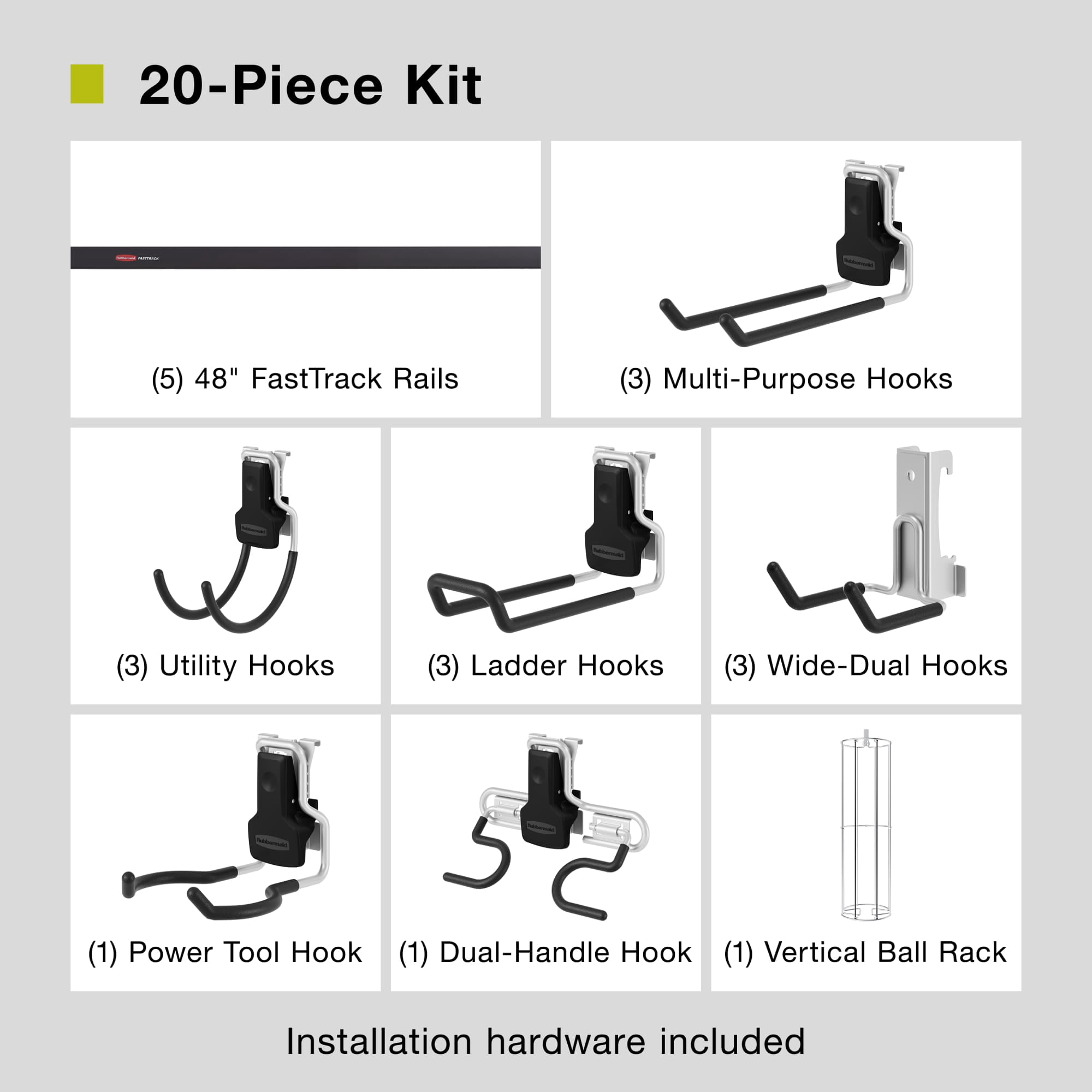 Rubbermaid Garage FastTrack Rail 20-Piece Large Kit, Black/Grey