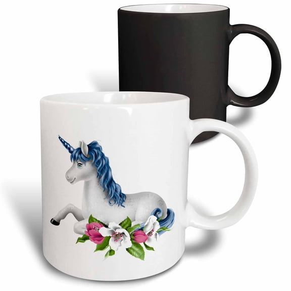 3drose, Pretty White Unicorn with a Blue Mane and Floral Illustration, 11oz Magic Transforming Mug