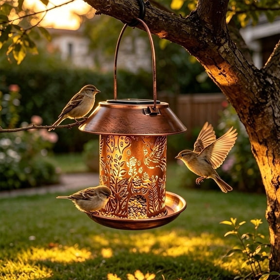 Solar Bird Feeder for Outside - Metal Hanging Bird Feeder with Solar Projection Light - Decorative Garden Birdhouse for Yard Patio Backyard - Rust Resistant Weatherproof Feeder with Large Tray