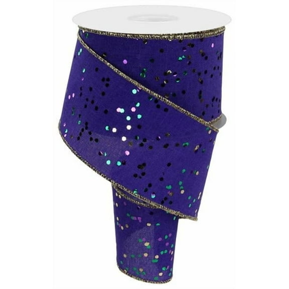 Mardi Gras Glitter Confetti Dots on Royal Canvas Wired Edge Ribbon - 10 Yards (Purple, Green, Gold, 2.5")