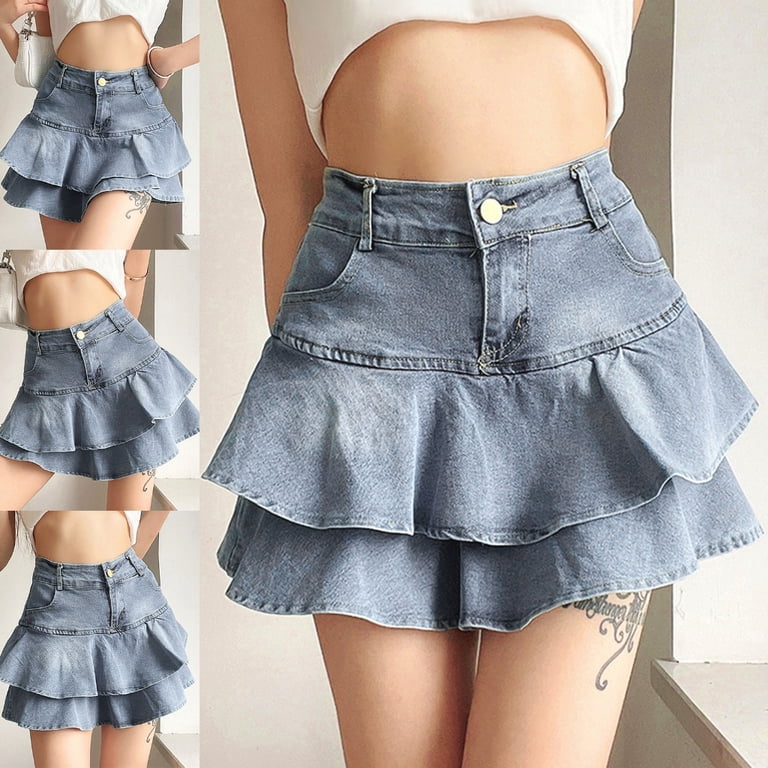 TRINGKY Women High Waist A-Line Mini Cake Jean Skirt Pleated