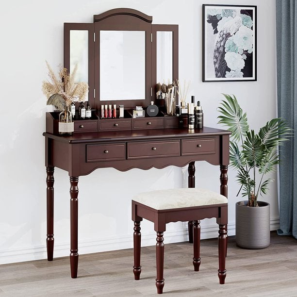 Homfa Makeup Vanity Set, Vanity Desk with Cushioned Stool and Tri