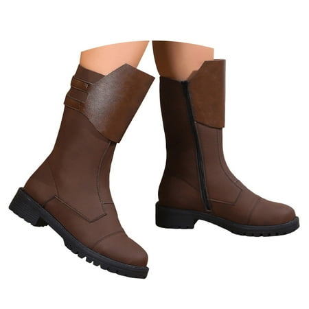

Mepaouo Women s Mid-Calf Boots Retro Leather Thick Sole Cowboy Boots Comfy Motor Riding Boots