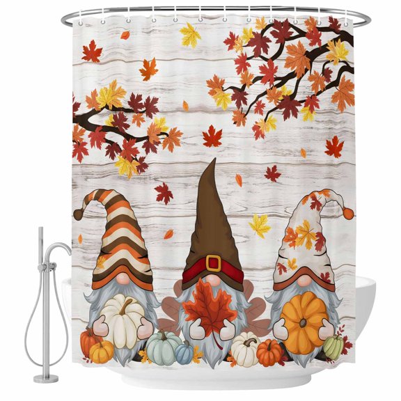 Fall Gnomes Shower Curtain, Waterproof Shower Curtains for Bathroom, Thanksgiving Maple Leaf Grey Wood Grain Washable Fabric Bathtub Curtain Set Bath Decor with 12 Hooks 48"x72"