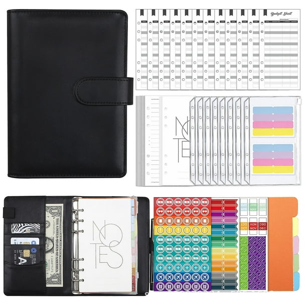 Averfeel Binder Budget A6 - Organizador de cuaderno de cuero sintético con 12 sobres con cremallera para efectivo, hojas de presupuesto y pegatinas para presupuestar y ahorrar dinero