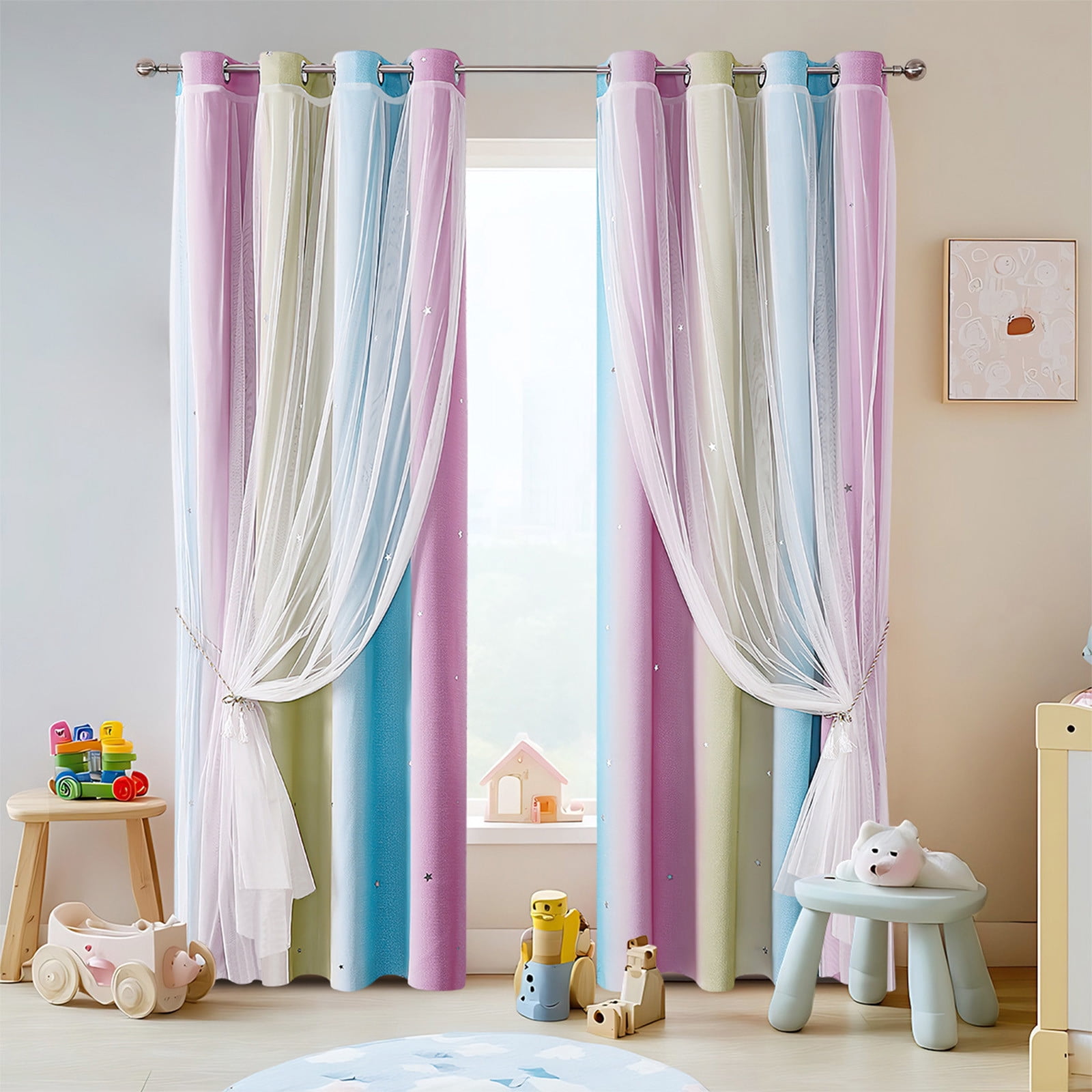 Ombre Rainbow Blackout Curtains for Girls Bedroom Living Room Darking Stripe Double Layer Star Cut Out Wall Home Decor Gradient Grommet Window Curtains (1 Panel, 39.37×51.18in)