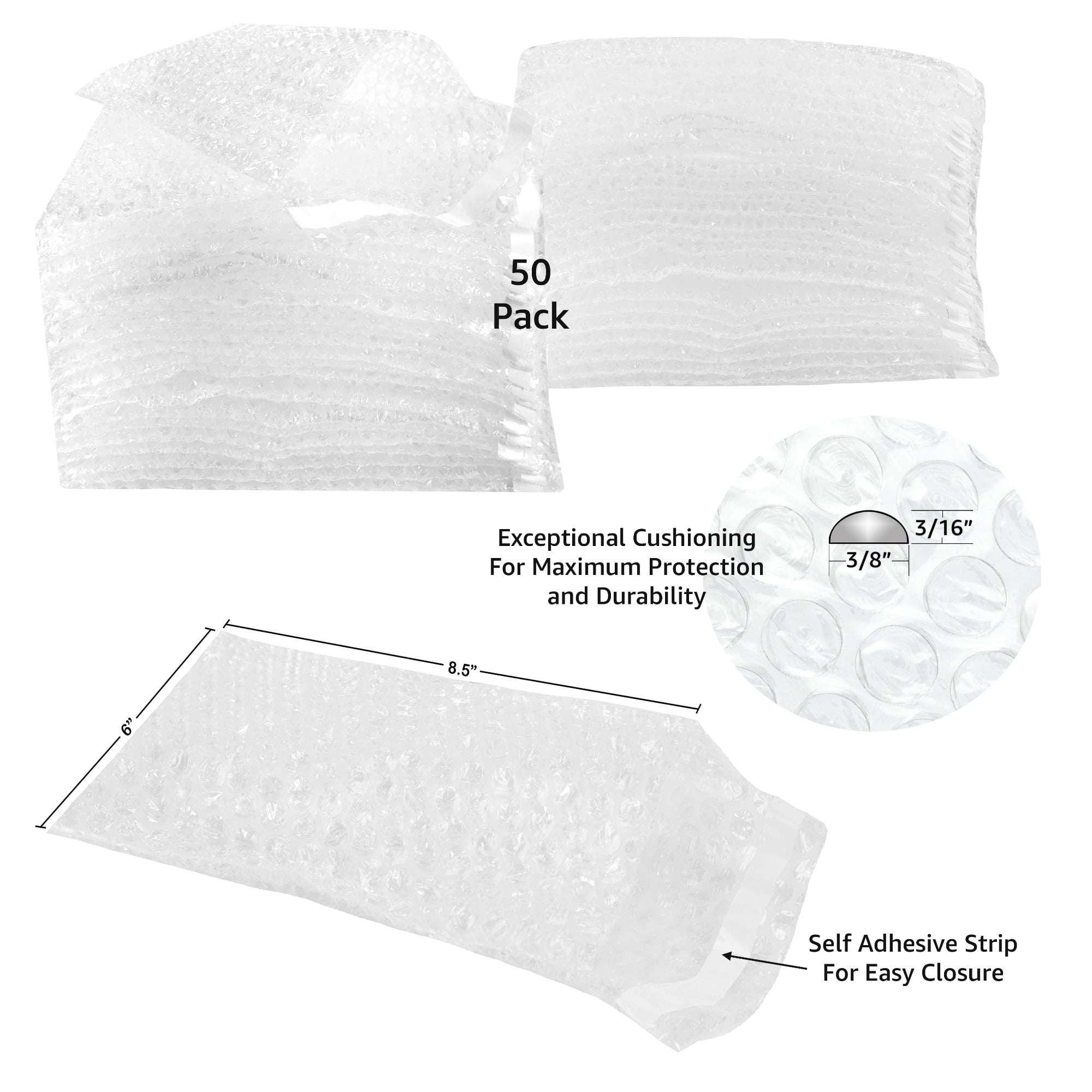 UBMOVE 3/16" Bubble Wrap Bags, 6" x 8.5" , Clear, 50 Count, 1 Pack