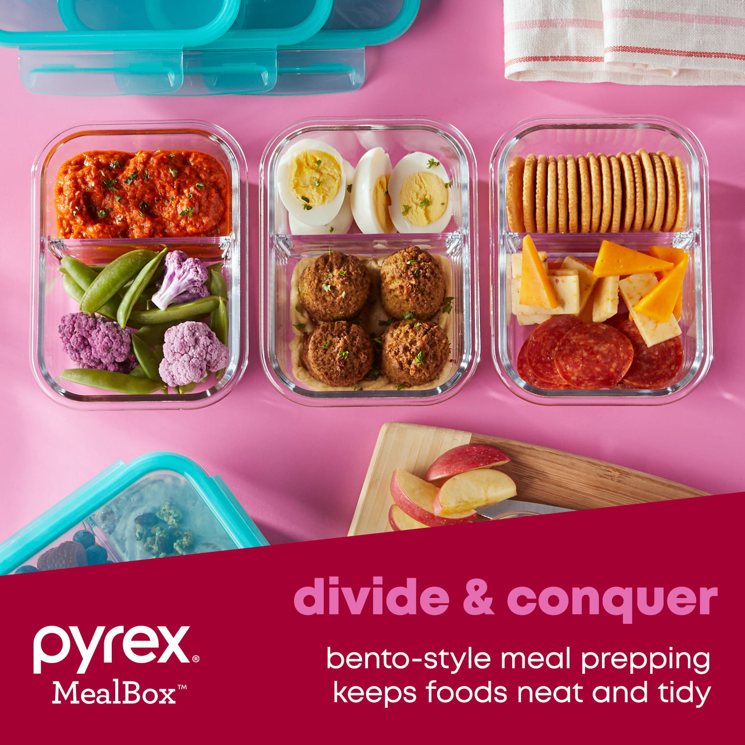 MealBox™ 4-cup Divided Glass Food Storage Container with Green Lid
