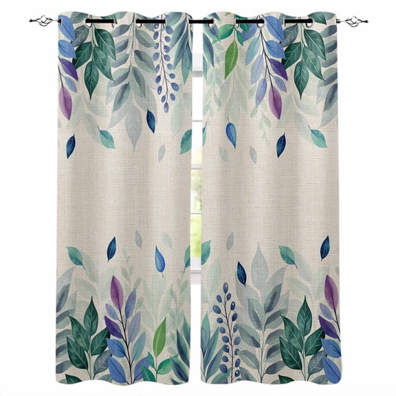 Fsddascl Leaf Blackout Curtains for Bedroom/Living Room, Thermal Insulated Kitchen Curtains, Vintage Blue Green Purple Ombre Fruit Plant Grommet Darkening Window Treatment Drapes 52"x63"x2