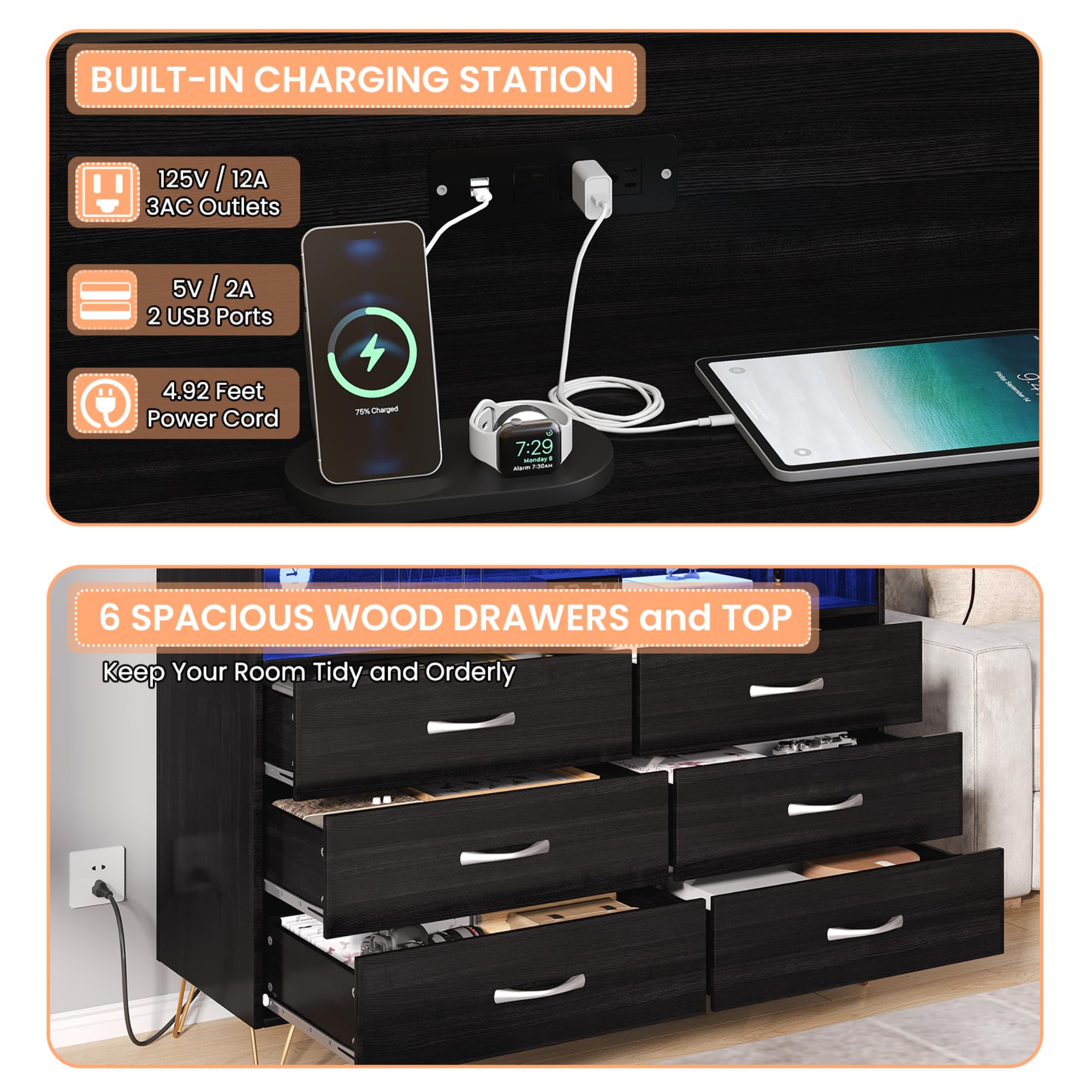 6 Drawer Black Dresser with LED Lights and Charging Station,Modern Wood Dressers for Bedroom & Living Room