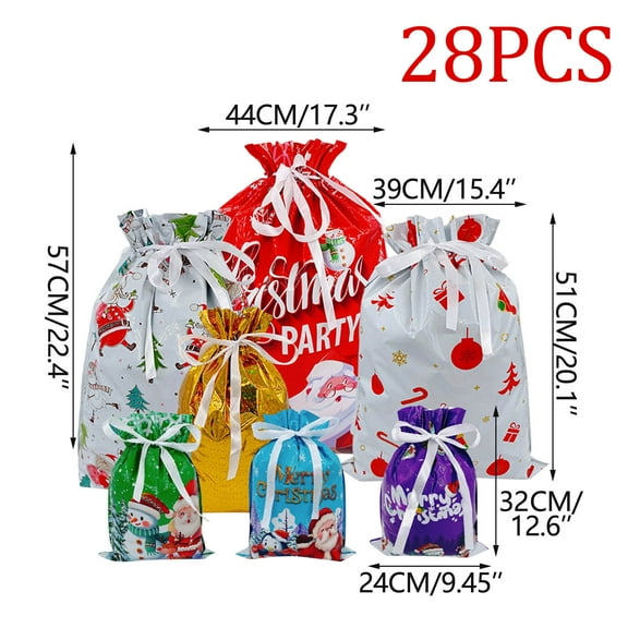 Christmas Drawstring Gift Bags Set - 28pcs Colorful Drawstring Foil Bags Featuring Festive Christmas Designs, 9.5x6.3in